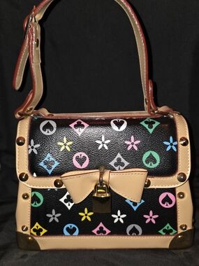 Black Multicolor Bow-Accent Satchel Bag with Tan Trim